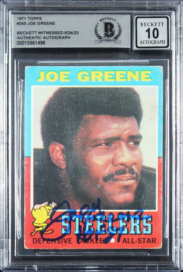 Joe Greene 1971 Topps #245 Rookie Card HOF 87 Beckett Slabbed Auto 10: Joe Greene 1971 Topps #245 Rookie Card HOF 87 Beckett Slabbed Auto 10 This is an original 1971 Topps #245 rookie card featuring Joe Greene of the Pittsburgh Steelers. The card is personally signed by 