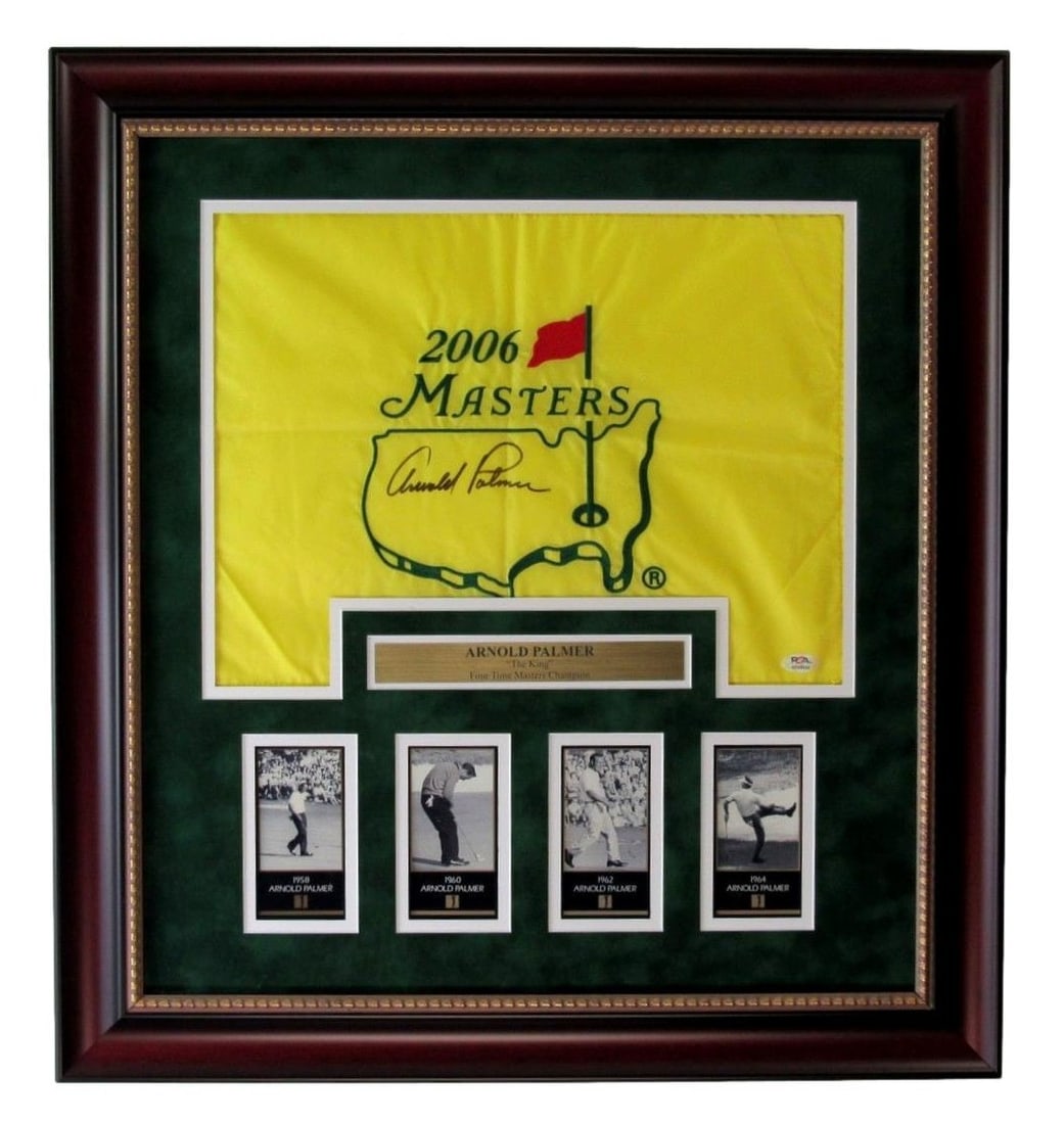 Framed 2006 Masters Pin Flag Collage Signed by Arnold Palmer PSA Authenticated: Framed 2006 Masters Pin Flag Collage Signed by Arnold Palmer PSA Authenticated This is a beautifully framed Arnold Palmer autographed 2006 Masters Pin Flag, complete with a card collage. The flag is a