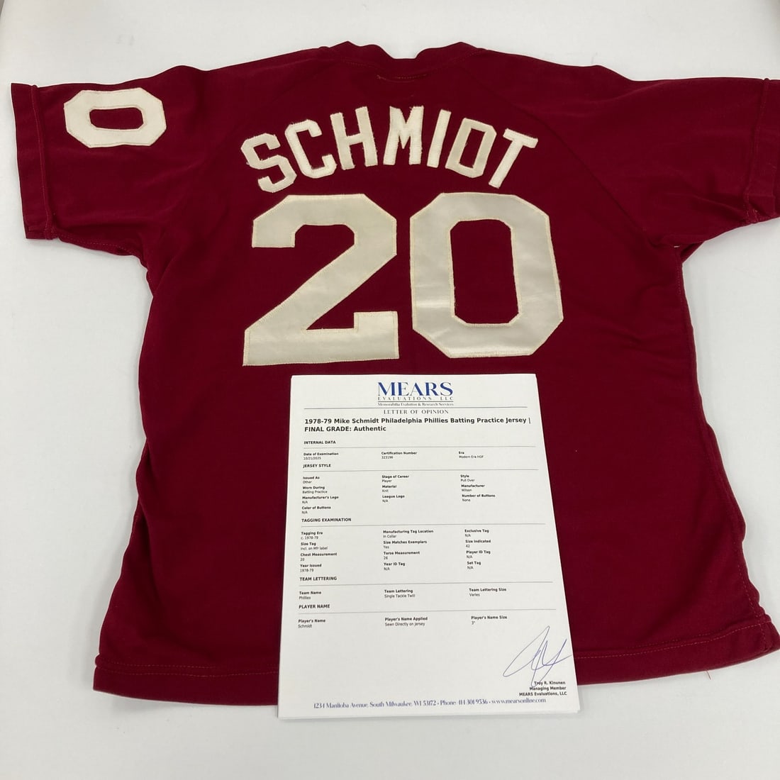 Mike Schmidt 1978 Game Used Phillies Jersey with MEARS COA: Mike Schmidt 1978 Game Used Phillies Jersey with MEARS COA This is a 1978 game-used batting practice jersey worn by Mike Schmidt of the Philadelphia Phillies. The jersey is officially licensed and fea