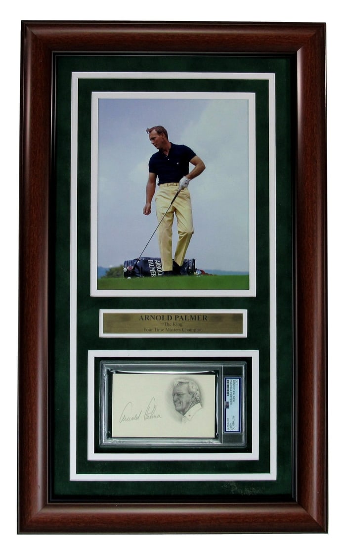Framed Arnold Palmer signed 3x5 index card with 8x10 photo: Framed Arnold Palmer signed 3x5 index card with 8x10 photo This framed display features an original 3x5 index card autographed by Arnold Palmer, accompanied by an 8x10 photo. The item is authenticated
