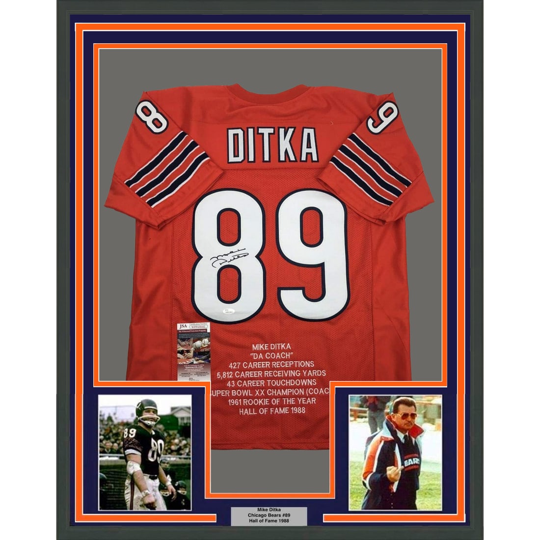 Mike Ditka Signed Chicago Bears Framed 35x39 Orange Jersey with JSA Authentication: Mike Ditka Signed Chicago Bears Framed 35x39 Orange Jersey with JSA Authentication This professionally framed and matted Chicago Bears orange stat jersey is autographed by NFL legend Mike Ditka. The d