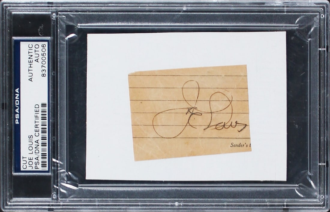 Joe Louis Boxing Signed Cut 1.75x2.75 With PSA/DNA Authentication Slab: Joe Louis Boxing Signed Cut 1.75x2.75 With PSA/DNA Authentication Slab This is an original 1.75x2.75 cut signature autographed by legendary boxing champion Joe Louis. The autograph has been authentica