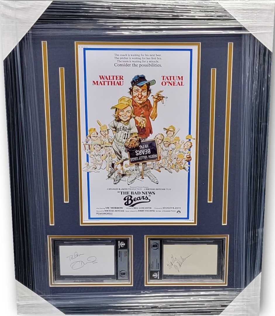Framed Bad News Bears Photo with Matthau and O'Neal Dual Signed Cuts Beckett Authenticated: Framed Bad News Bears Photo with Matthau and O'Neal Dual Signed Cuts Beckett Authenticated This custom-framed display features dual autographed cut signatures from Walter Matthau and Tatum O'Neal, com
