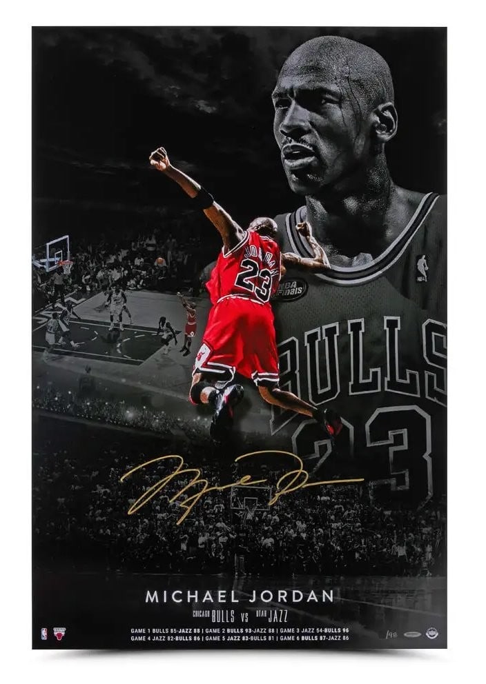 Michael Jordan Autographed 24x36 Photo Limited Edition Bulls #/98: Michael Jordan Autographed 24x36 Photo Limited Edition Bulls #/98 Celebrate the legacy of Michael Jordan with this stunning 24x36 autographed photo, capturing a defining moment of his career. This ori