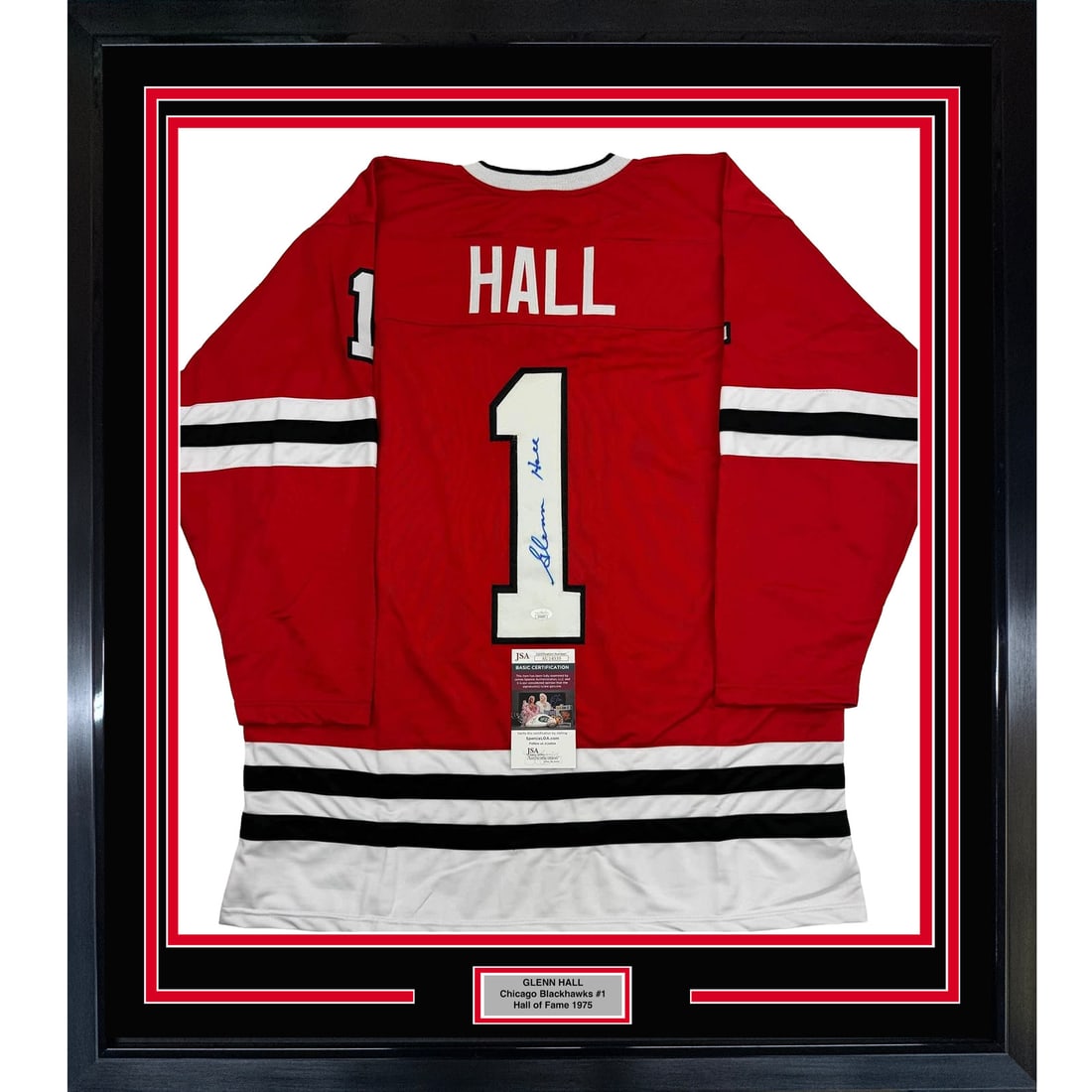 Glenn Hall signed framed Chicago Blackhawks jersey JSA COA 35x39 (1 of 2)