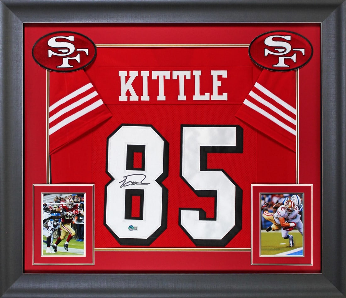 Framed Red Pro Style Jersey George Kittle Signed BAS Witnessed: Framed Red Pro Style Jersey George Kittle Signed BAS Witnessed This autographed red pro style framed jersey has been personally signed by George Kittle of the San Francisco 49ers. It is an original it