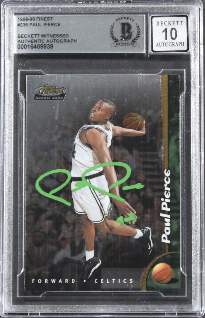 Paul Pierce Signed 1998 Finest Rookie Card Gem Mint 10 Beckett Authenticated: Paul Pierce Signed 1998 Finest Rookie Card Gem Mint 10 Beckett Authenticated This 1998 Finest #235 Rookie Card features the signature of Paul Pierce, a legendary player from the Boston Celtics. Graded