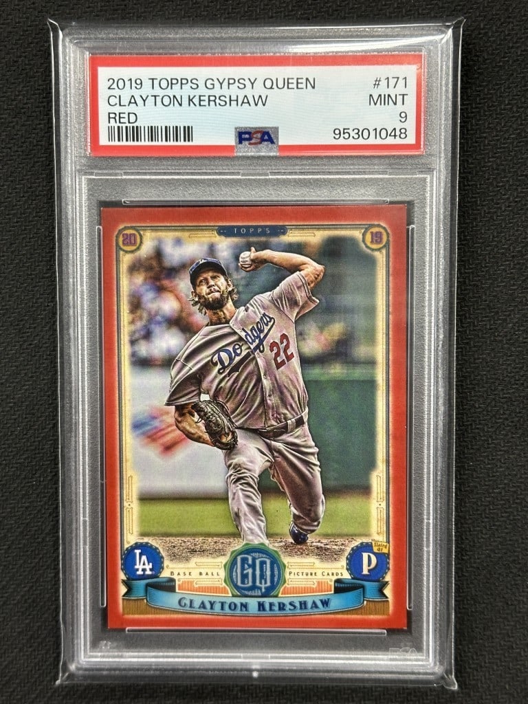Clayton Kershaw 2019 Topps Gypsy Queen Red Paper PSA 9 #171: Clayton Kershaw 2019 Topps Gypsy Queen Red Paper PSA 9 #171 This is a 2019 Topps Gypsy Queen Red Paper baseball card featuring Clayton Kershaw, a prominent player for the Los Angeles Dodgers. The card