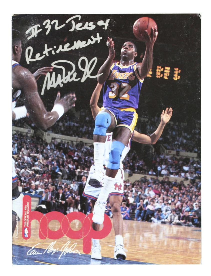 Magic Johnson Signed NBA Hoops Magazine #32 Jersey Retirement BAS Authenticated: Magic Johnson Signed NBA Hoops Magazine #32 Jersey Retirement BAS Authenticated This original NBA Hoops magazine celebrates Magic Johnson's '#32 Jersey Retirement' and features his authentic autograph