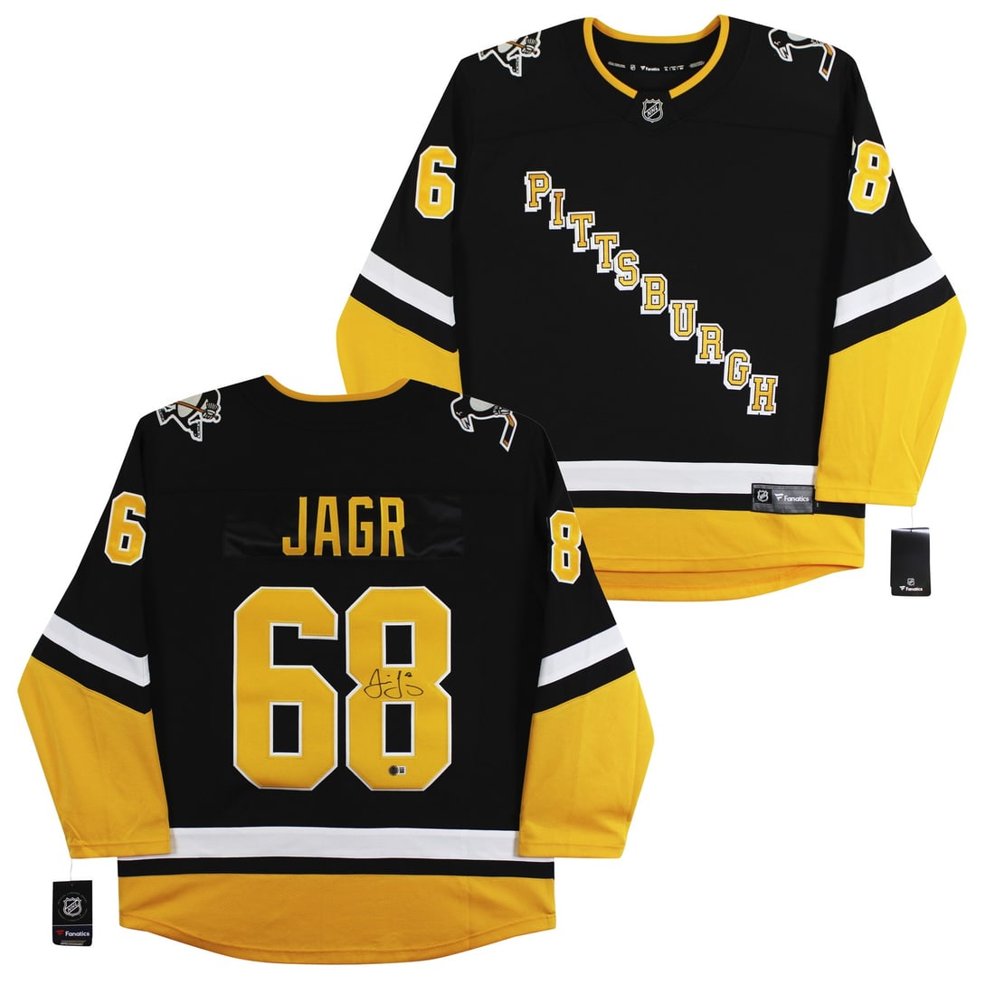 Jaromir Jagr signed Pittsburgh Penguins black breakaway jersey Beckett witnessed: Jaromir Jagr signed Pittsburgh Penguins black breakaway jersey Beckett witnessed Authentic black Fanatics Breakaway jersey personally signed by Jaromir Jagr of the Pittsburgh Penguins. The item is ori