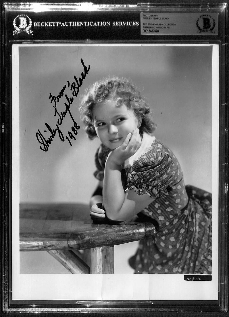 Shirley Temple Signed 8x10 Photo Inscribed 1988 Beckett Authenticated: Shirley Temple Signed 8x10 Photo Inscribed 1988 Beckett Authenticated This stunning 8x10 black-and-white photograph captures the iconic child star Shirley Temple in her youth, signed in bold black ink