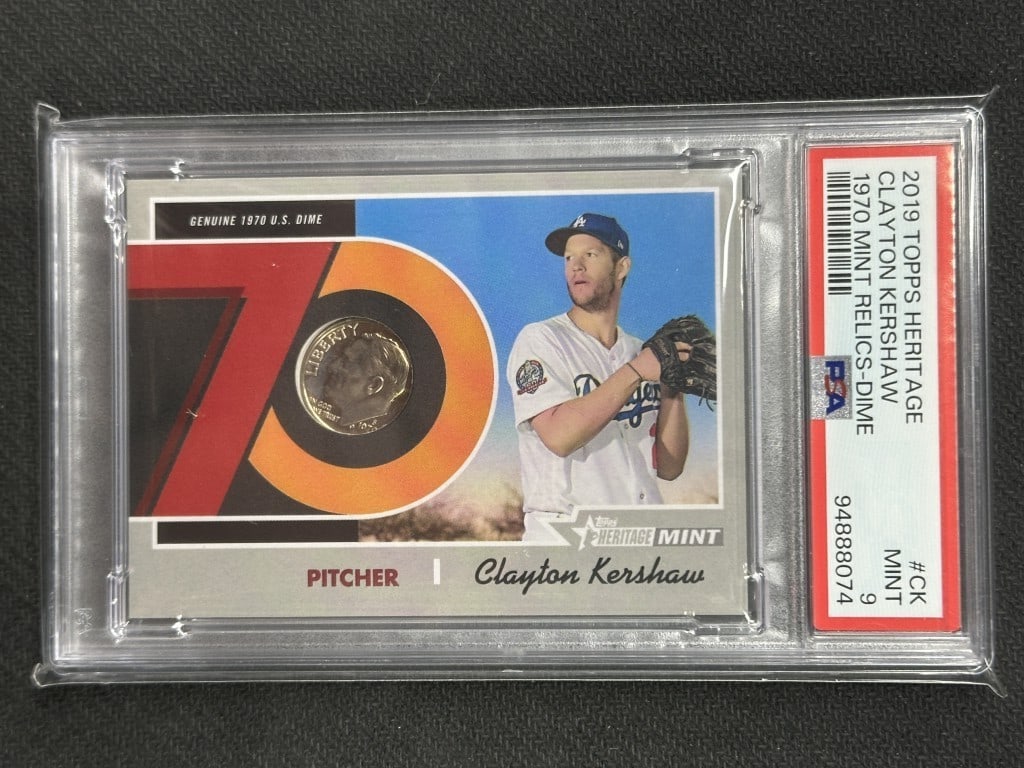 PSA 9 Clayton Kershaw 2019 Topps Heritage 1970 Dime Mint Relic #CK: PSA 9 Clayton Kershaw 2019 Topps Heritage 1970 Dime Mint Relic #CK This is a 2019 Topps Heritage 1970 Dime Mint Relic baseball card featuring Clayton Kershaw of the Los Angeles Dodgers. The card is pr