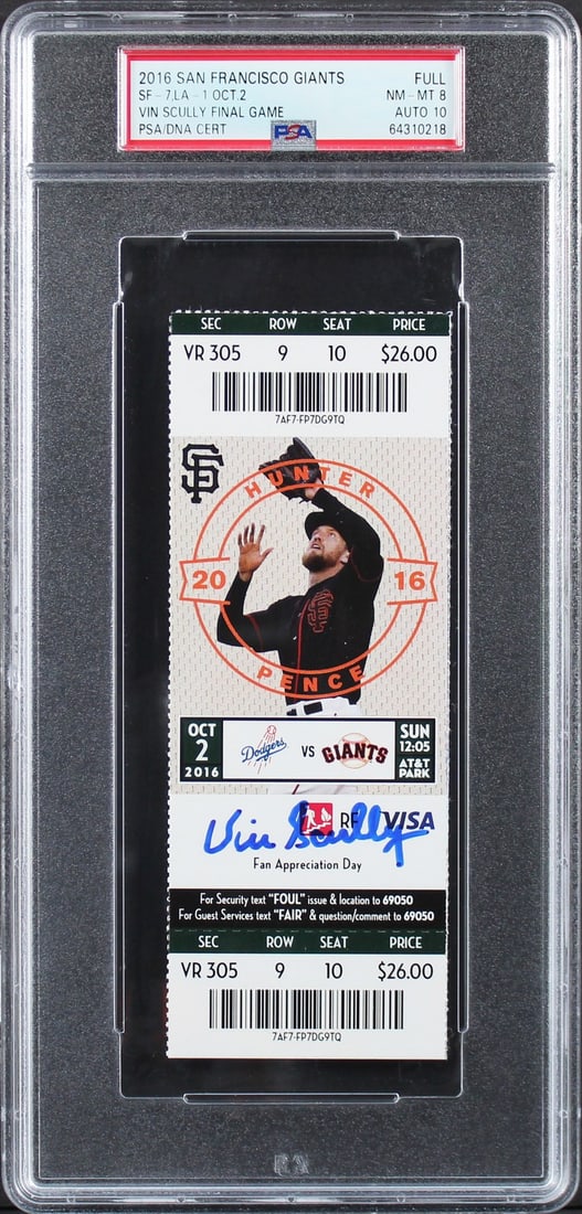 Vin Scully PSA Slabbed Dodgers Final Game Ticket Stub Auto 10: Vin Scully PSA Slabbed Dodgers Final Game Ticket Stub Auto 10 This is an original full ticket stub from the October 2, 2016, game between the San Francisco Giants and the Los Angeles Dodgers, personal