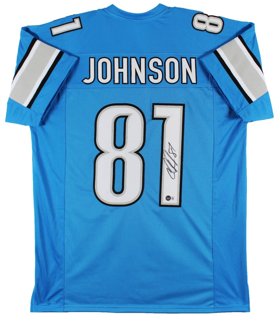 Calvin Johnson Signed Blue Pro Style Jersey BAS Witnessed Detroit Lions: Calvin Johnson Signed Blue Pro Style Jersey BAS Witnessed Detroit Lions This authentic blue pro style jersey, featuring the iconic design of the Detroit Lions, has been personally signed by legendary 