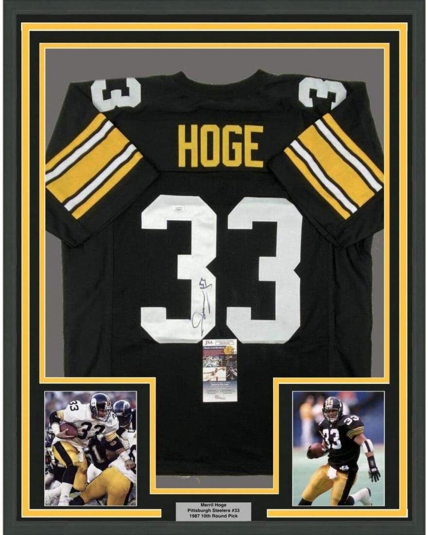 Framed Merril Hoge signed Steelers jersey 33x42 JSA COA: Framed Merril Hoge signed Steelers jersey 33x42 JSA COA This professionally framed and matted Pittsburgh Steelers black jersey is autographed by Merril Hoge. The display includes two 8x10 photographs 