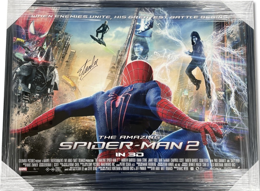 Framed Amazing Spider-Man 2 Poster Signed by Stan Lee 27x40 Beckett Authenticated: Framed Amazing Spider-Man 2 Poster Signed by Stan Lee 27x40 Beckett Authenticated This is an original 27x40 inch movie poster for "The Amazing Spider-Man 2," professionally framed to a total size of 3