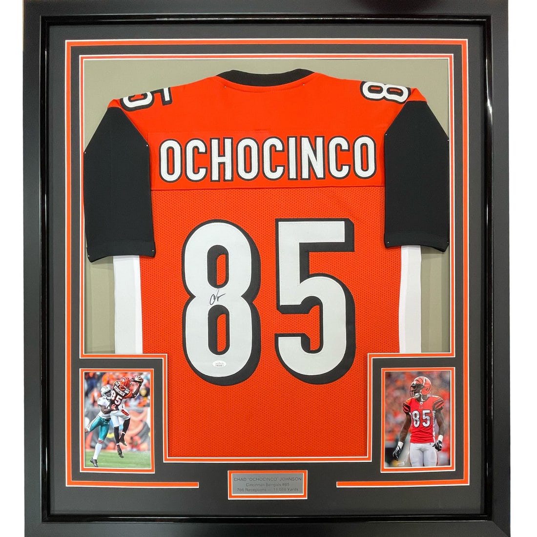 Chad Ochocinco Signed Bengals Jersey Framed JSA COA 33x42: Chad Ochocinco Signed Bengals Jersey Framed JSA COA 33x42 This is a professionally framed and matted orange jersey autographed by Chad Ochocinco (Johnson) of the Cincinnati Bengals. The jersey is auth