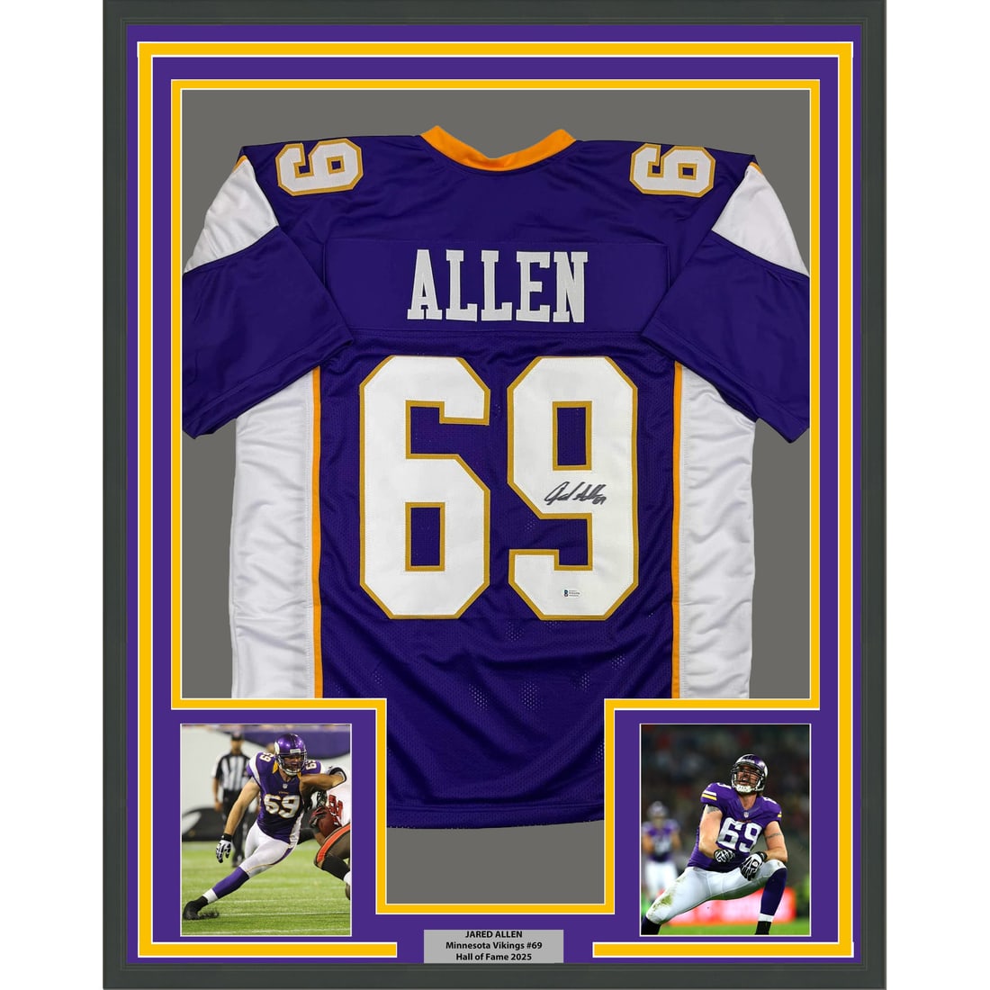 Framed Jared Allen signed Minnesota Vikings purple jersey Beckett COA 35x39: Framed Jared Allen signed Minnesota Vikings purple jersey Beckett COA 35x39 This professionally framed and matted display features a Minnesota Vikings purple jersey autographed by Jared Allen. The dis