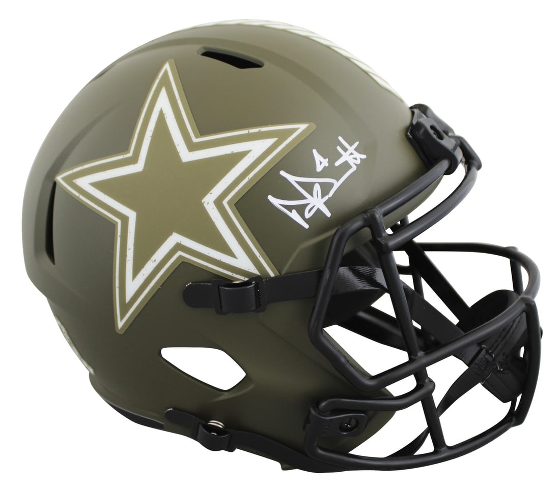 Dak Prescott Autographed Dallas Cowboys Full Size Speed Helmet BAS Authenticated: Dak Prescott Autographed Dallas Cowboys Full Size Speed Helmet BAS Authenticated This is a full-size speed replica helmet featuring an alternate Salute to Service design, personally signed by Dak Pres