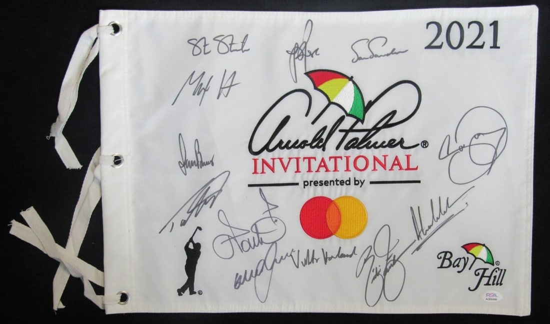 PSA Authenticated 12-Signature Arnold Palmer Invitational Golf Flag: PSA Authenticated 12-Signature Arnold Palmer Invitational Golf Flag This 2021 Arnold Palmer Invitational pin flag is an original item signed by twelve prominent PGA Tour players, including Tommy Fleet