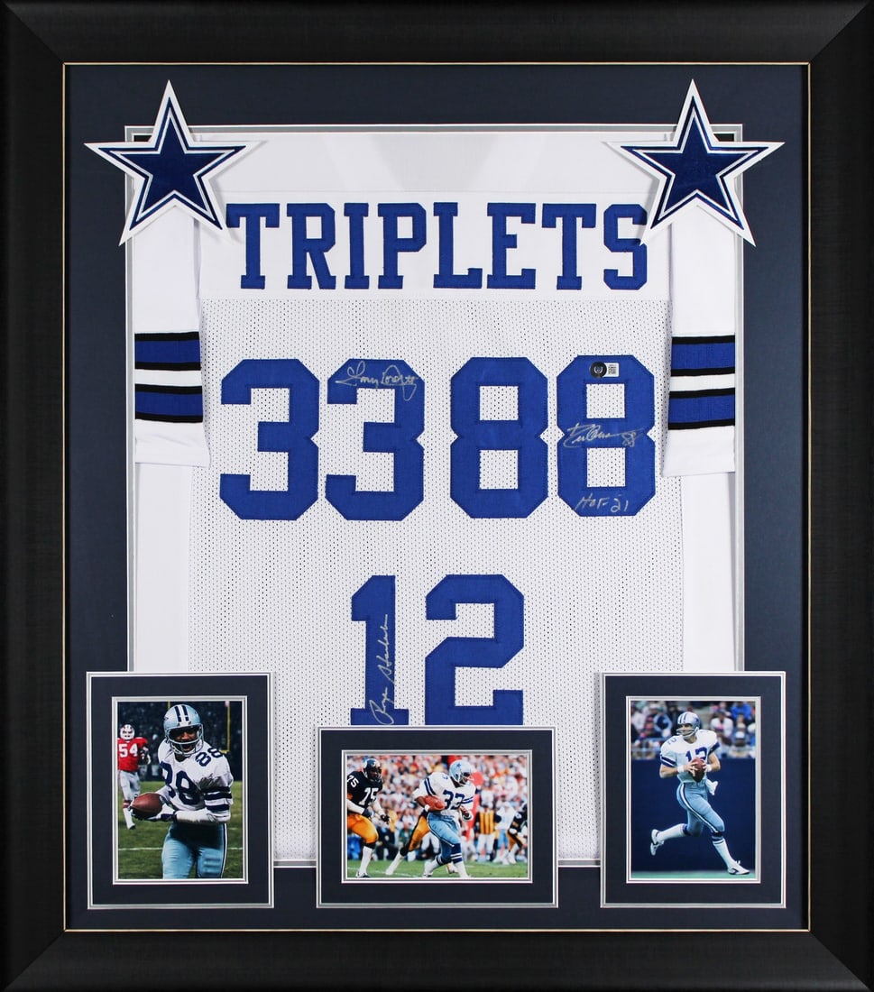 BAS Witness Dallas Cowboys trio signed framed white pro style jersey: BAS Witness Dallas Cowboys trio signed framed white pro style jersey This professionally framed white Pro Style jersey has been personally signed by Roger Staubach, Tony Dorsett, and Drew Pearson of t