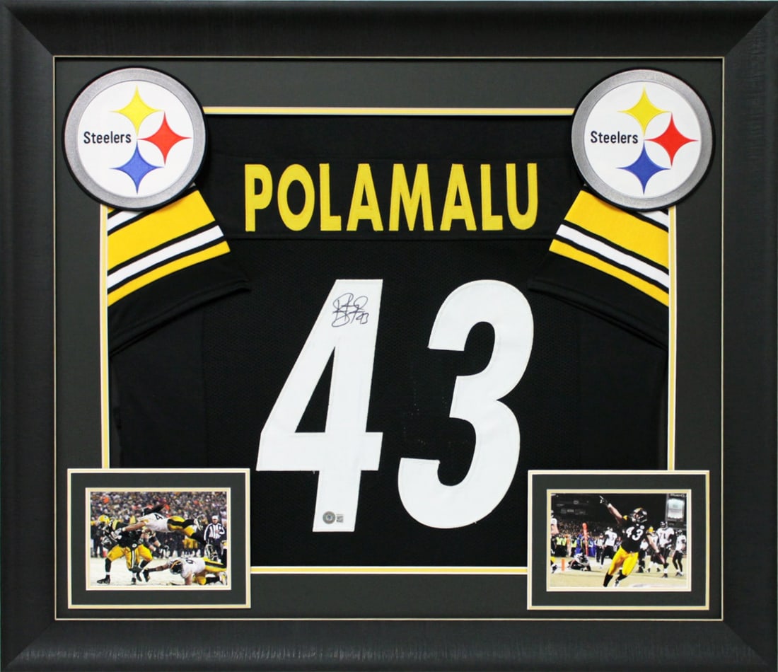 Framed Pro Style Jersey Signed by Troy Polamalu Beckett BAS Witnessed: Framed Pro Style Jersey Signed by Troy Polamalu Beckett BAS Witnessed This framed black Pro Style jersey has been personally signed by Troy Polamalu of the Pittsburgh Steelers. The autograph is authen