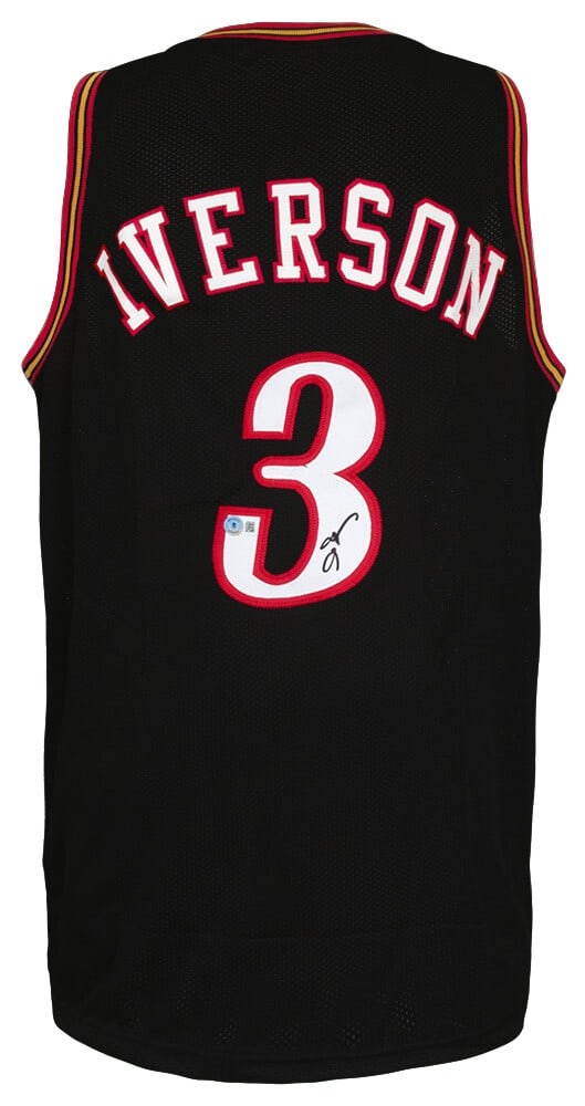 Allen Iverson Signed Black Jersey Philadelphia 76ers Beckett COA: Allen Iverson Signed Black Jersey Philadelphia 76ers Beckett COA This is an original signed black custom basketball jersey of Allen Iverson, a legendary player for the Philadelphia 76ers. The jersey i