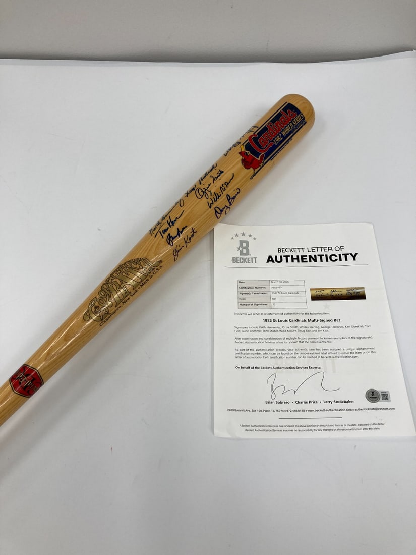 Team Signed 1982 St Louis Cardinals World Series Champions Bat Beckett LOA: Team Signed 1982 St Louis Cardinals World Series Champions Bat Beckett LOA This is an original baseball bat signed by the 1982 St. Louis Cardinals World Series Champions team. The bat is accompanied b