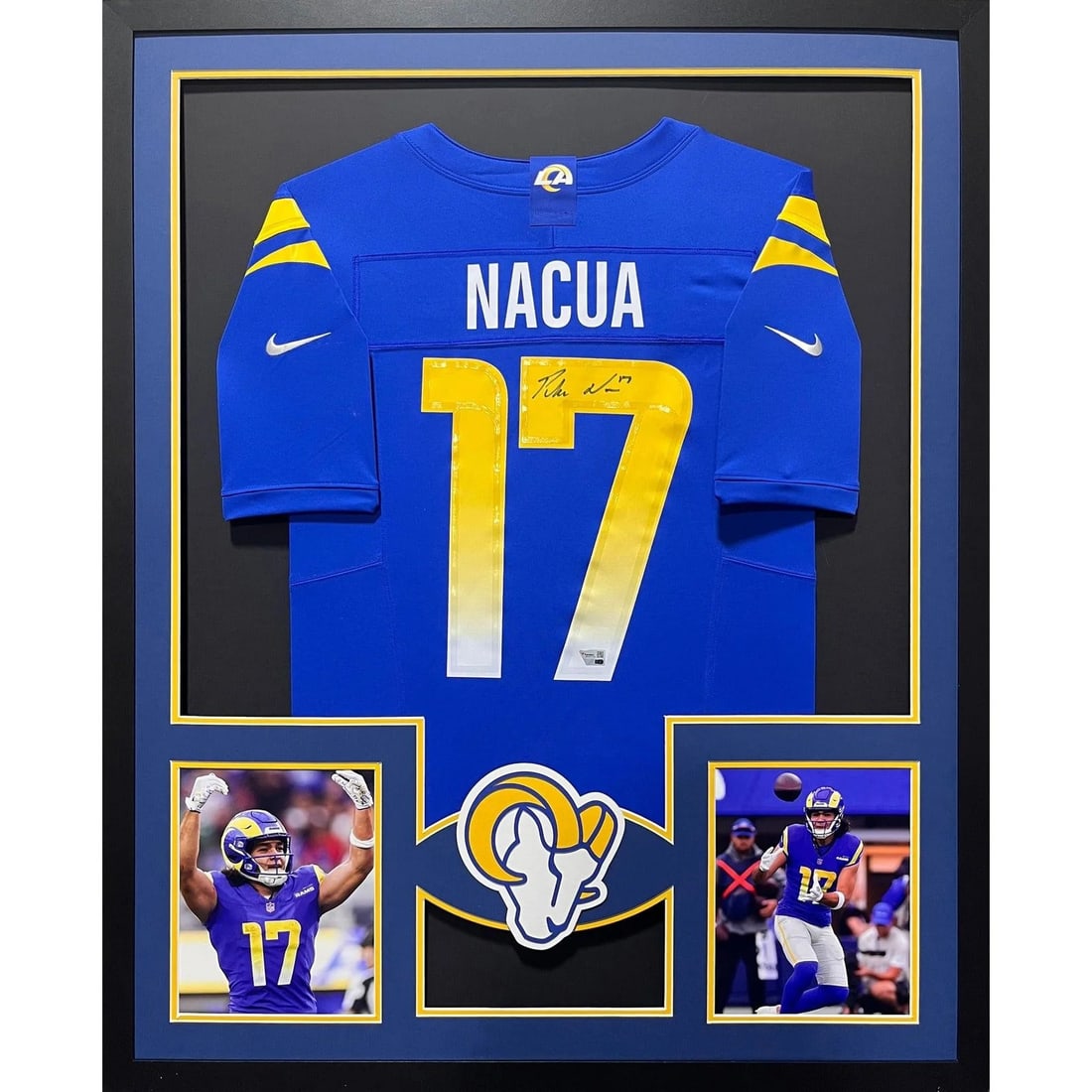 Framed Puka Nacua Autographed Blue Rams Jersey Fanatics Authenticated: Framed Puka Nacua Autographed Blue Rams Jersey Fanatics Authenticated This framed blue Los Angeles Rams jersey is autographed by Puka Nacua. The jersey is authenticated by Fanatics and features a tamp