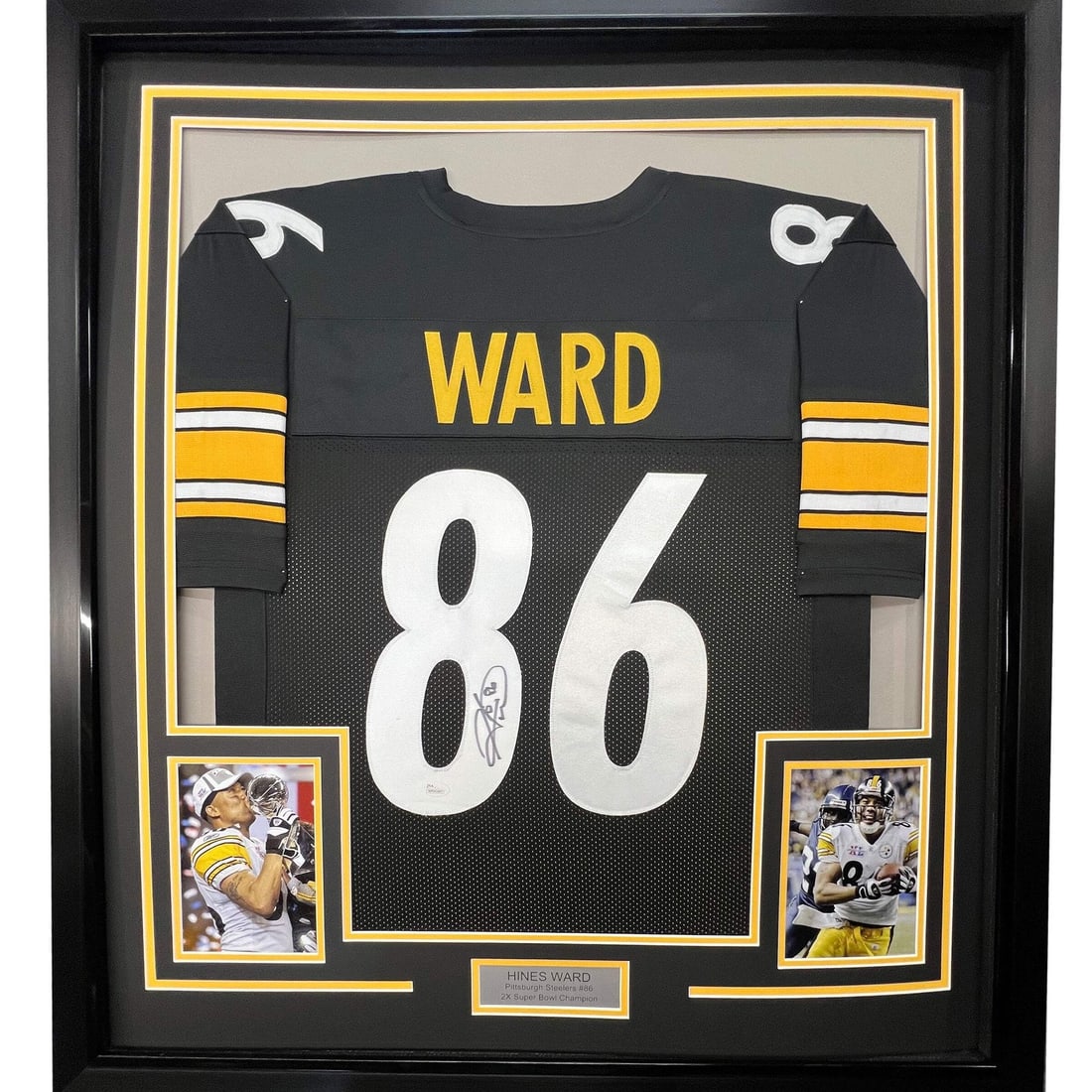 Framed Hines Ward signed Steelers black jersey JSA COA 33x42: Framed Hines Ward signed Steelers black jersey JSA COA 33x42 This professionally framed and matted Pittsburgh Steelers black jersey features the authentic signature of NFL player Hines Ward. The displ