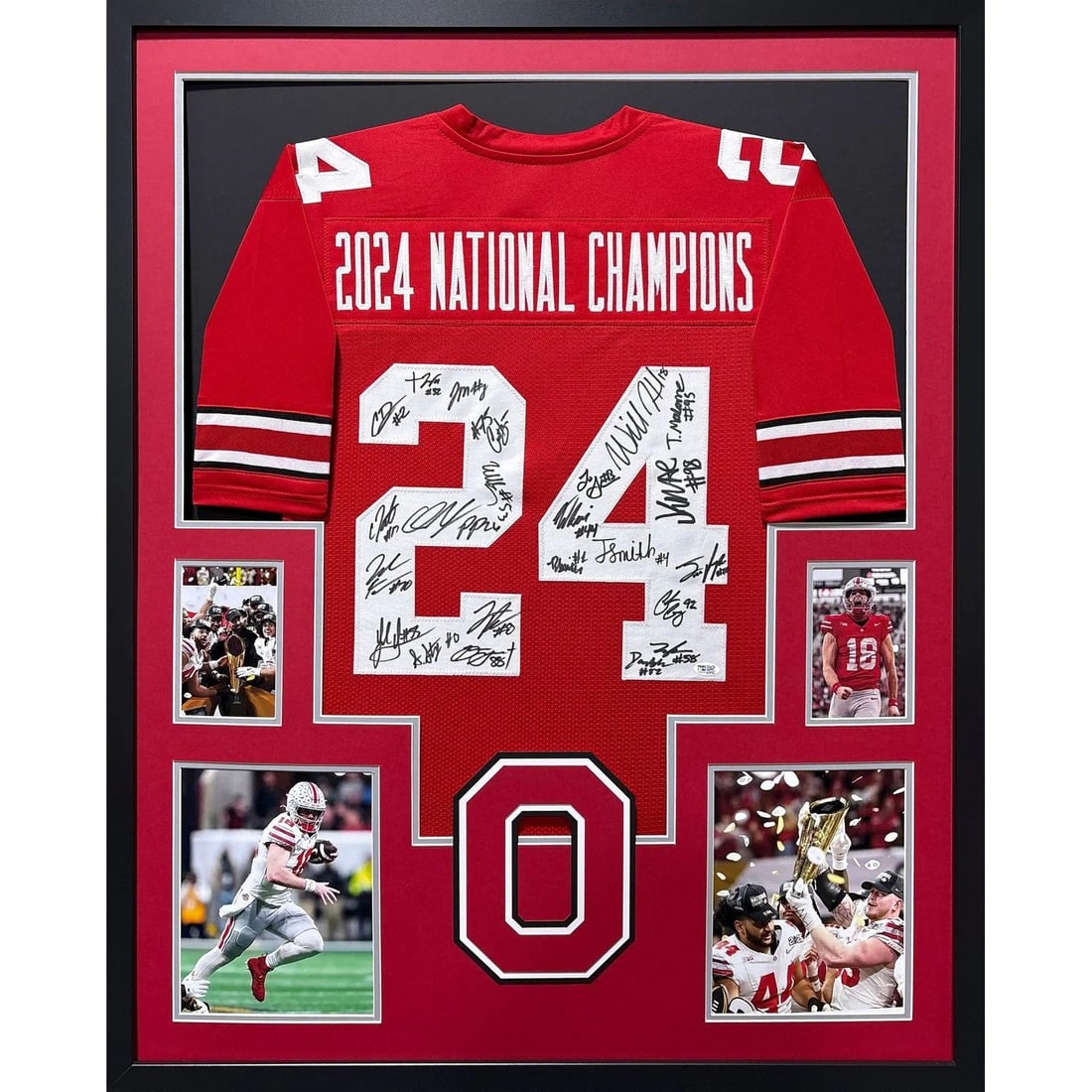 Framed Ohio State Autographed Jersey with Championship Photos 21+ Signatures: Framed Ohio State Autographed Jersey with Championship Photos 21+ Signatures This pre-owned Ohio State framed jersey is autographed by the 2024 team, including Jeremiah Smith, and features over 21 sig