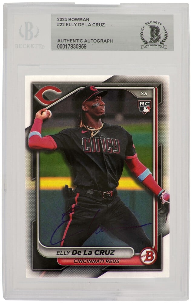 Beckett Encapsulated Elly De La Cruz Reds Rookie Card #22 Signed: Beckett Encapsulated Elly De La Cruz Reds Rookie Card #22 Signed This is a 2024 Bowman rookie baseball card #22 featuring Elly De La Cruz of the Cincinnati Reds, personally signed by the player. The c