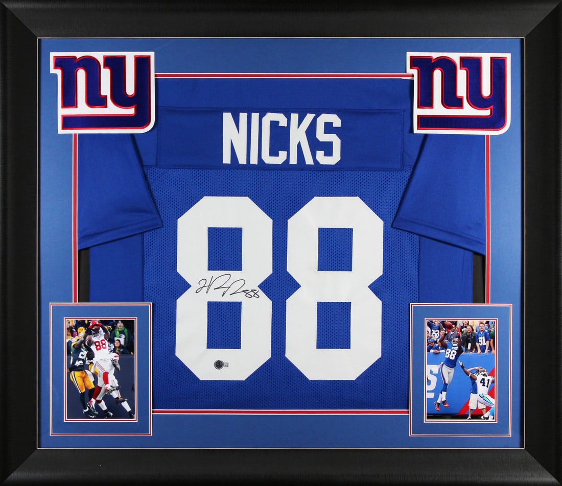 Framed Blue Jersey Signed by Hakeem Nicks BAS Authenticated: Framed Blue Jersey Signed by Hakeem Nicks BAS Authenticated This autographed blue pro style framed jersey has been personally signed by Hakeem Nicks of the New York Giants. It is an original, pre-owne