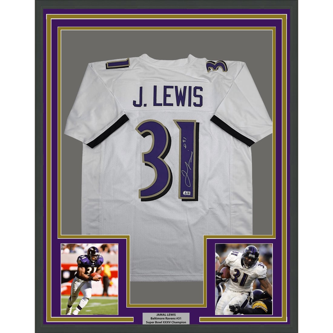 Framed Jamal Lewis signed Baltimore Ravens white football jersey BAS COA: Framed Jamal Lewis signed Baltimore Ravens white football jersey BAS COA This professionally framed and matted Baltimore Ravens football jersey features the authentic autograph of Jamal Lewis. The jer