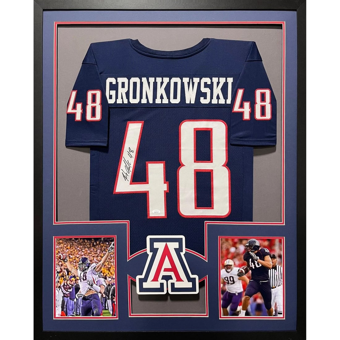Framed Arizona Jersey Signed by Rob Gronkowski with JSA Authentication: Framed Arizona Jersey Signed by Rob Gronkowski with JSA Authentication This framed Arizona jersey is autographed by Rob Gronkowski and authenticated by JSA with a tamper-proof sticker. The jersey is p