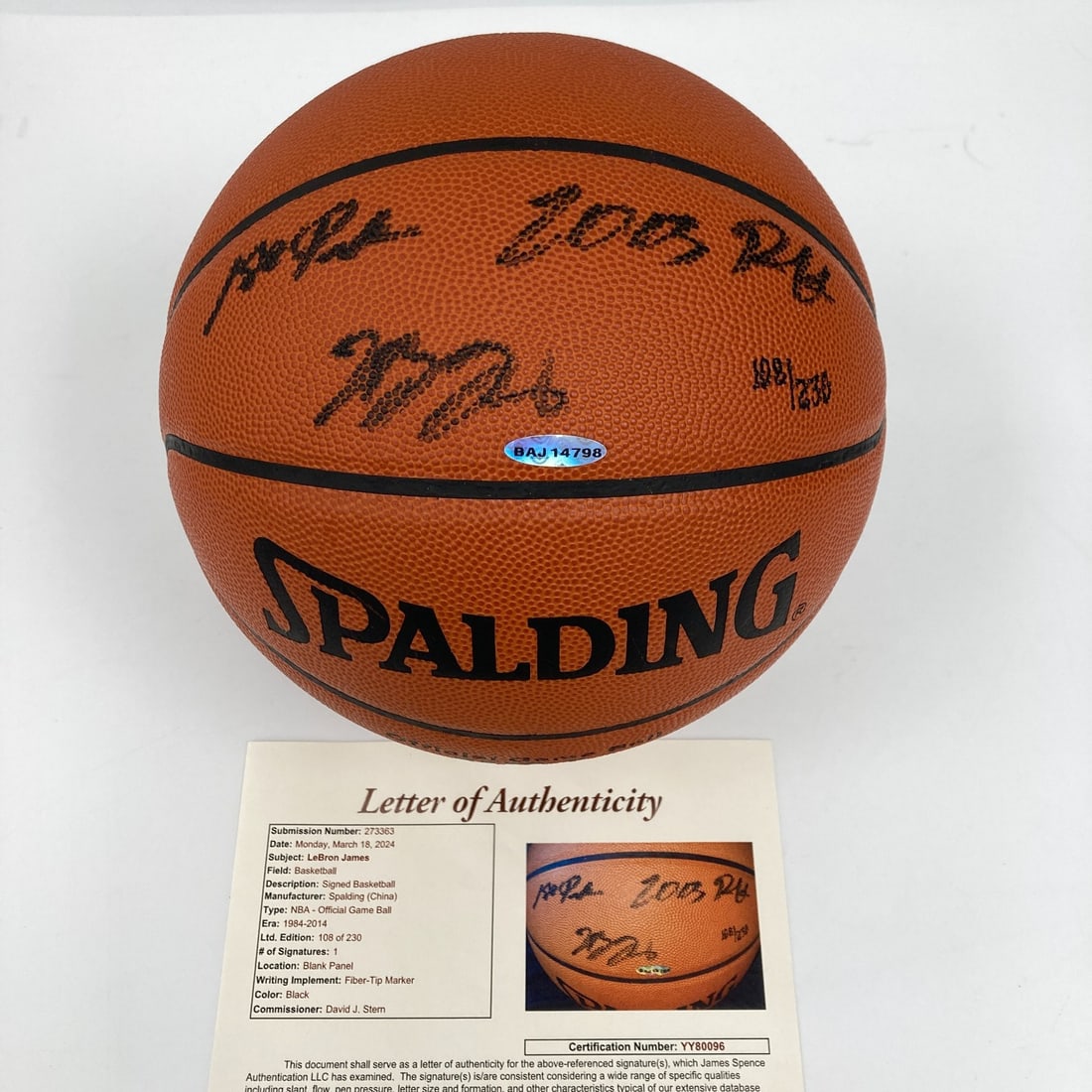 LeBron James Signed Spalding Basketball Inscribed 1st Pick 2003 Draft UDA JSA COA: LeBron James Signed Spalding Basketball Inscribed 1st Pick 2003 Draft UDA JSA COA This is a limited edition 2003 Spalding Official NBA Game Ball signed and inscribed by LeBron James. The basketball fe