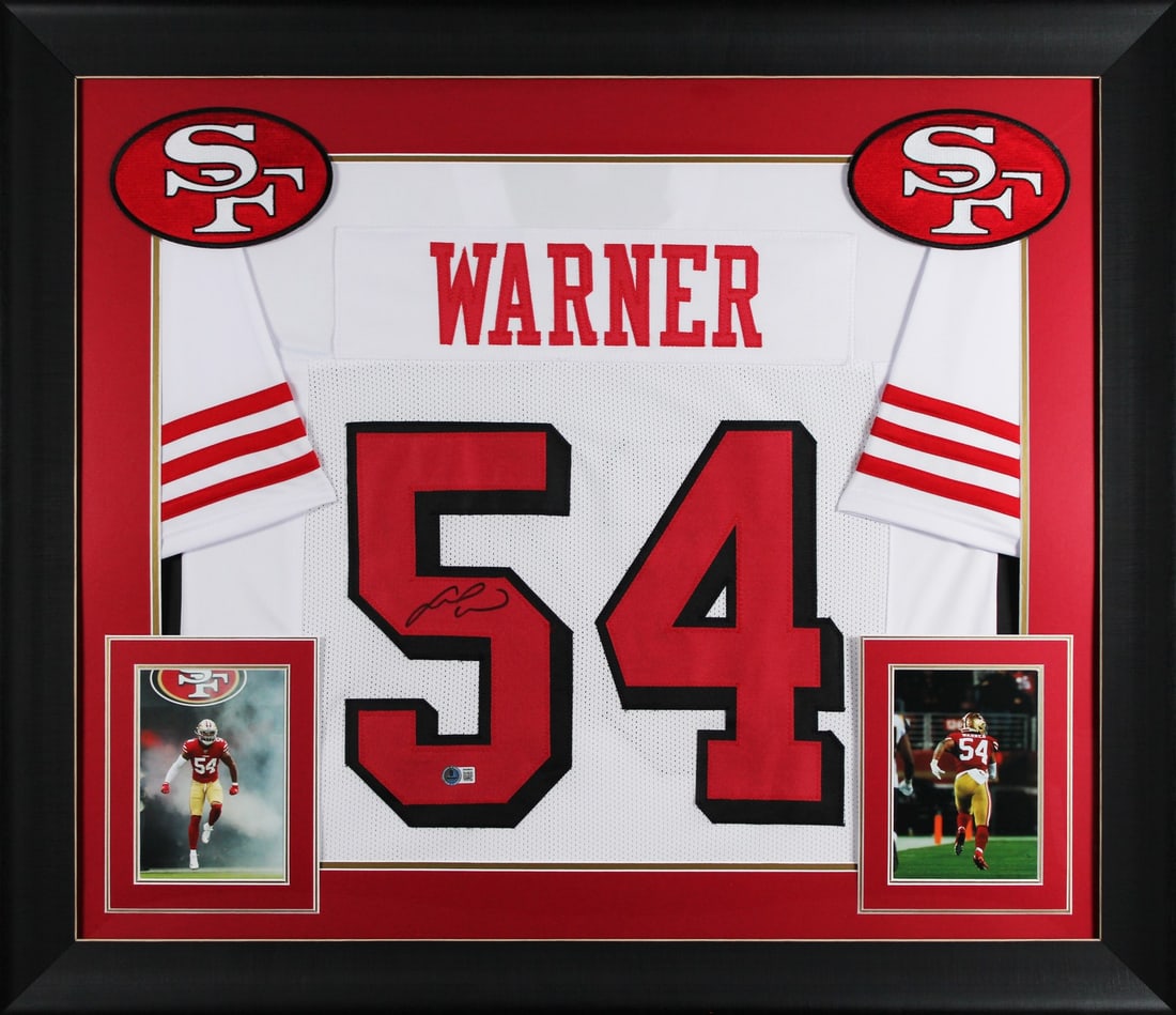 Framed Fred Warner signed 49ers white pro style jersey BAS: Framed Fred Warner signed 49ers white pro style jersey BAS This professionally framed white Pro Style jersey features a dropshadow design and has been personally signed by Fred Warner of the San Franc