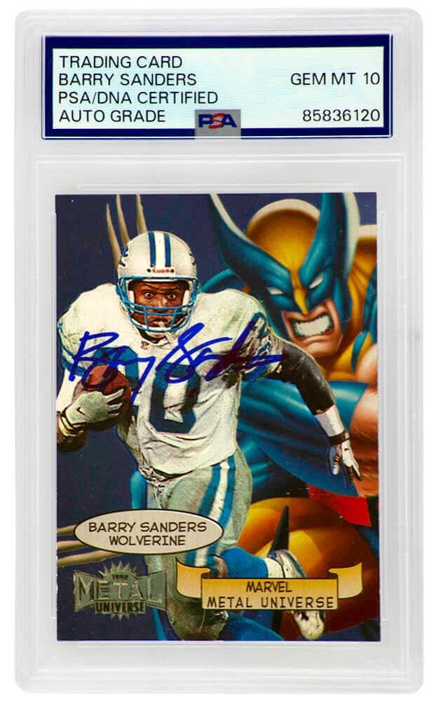 1997 Marvel Metal Universe Barry Sanders Lions Card 1 PSA DNA Auto 10: 1997 Marvel Metal Universe Barry Sanders Lions Card 1 PSA DNA Auto 10 Barry Sanders signed Detroit Lions 1997 Marvel Metal Universe trading card #1 of 20. It has been authenticated and encapsulated by