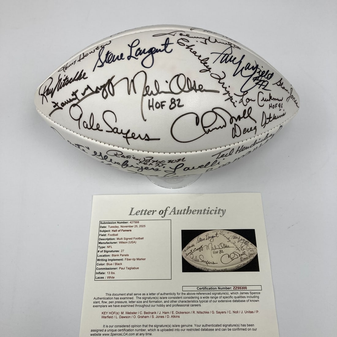 Multi Signed Hall Of Fame Football Johnny Unitas Len Dawson 27 Sigs JSA: Multi Signed Hall Of Fame Football Johnny Unitas Len Dawson 27 Sigs JSA Celebrate the legends of football with this Hall of Fame multi-signed Wilson NFL football, featuring an impressive collection of
