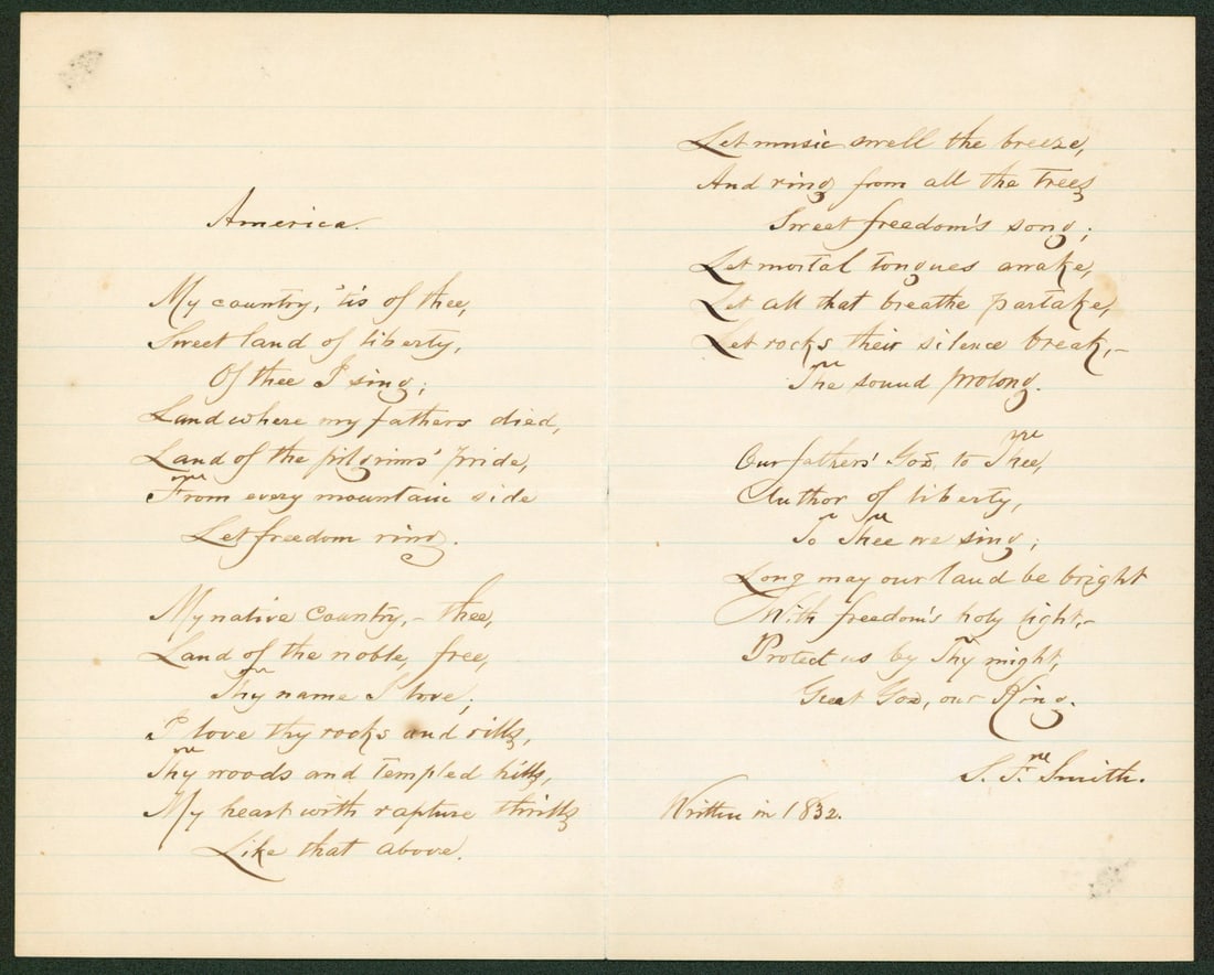Handwritten America Poem Signed by Samuel Francis Smith Graded 9 Beckett Authenticated: Handwritten America Poem Signed by Samuel Francis Smith Graded 9 Beckett Authenticated This 8x10 off-white sheet features a handwritten poem, "My country, 'tis of thee," penned and personally signed b