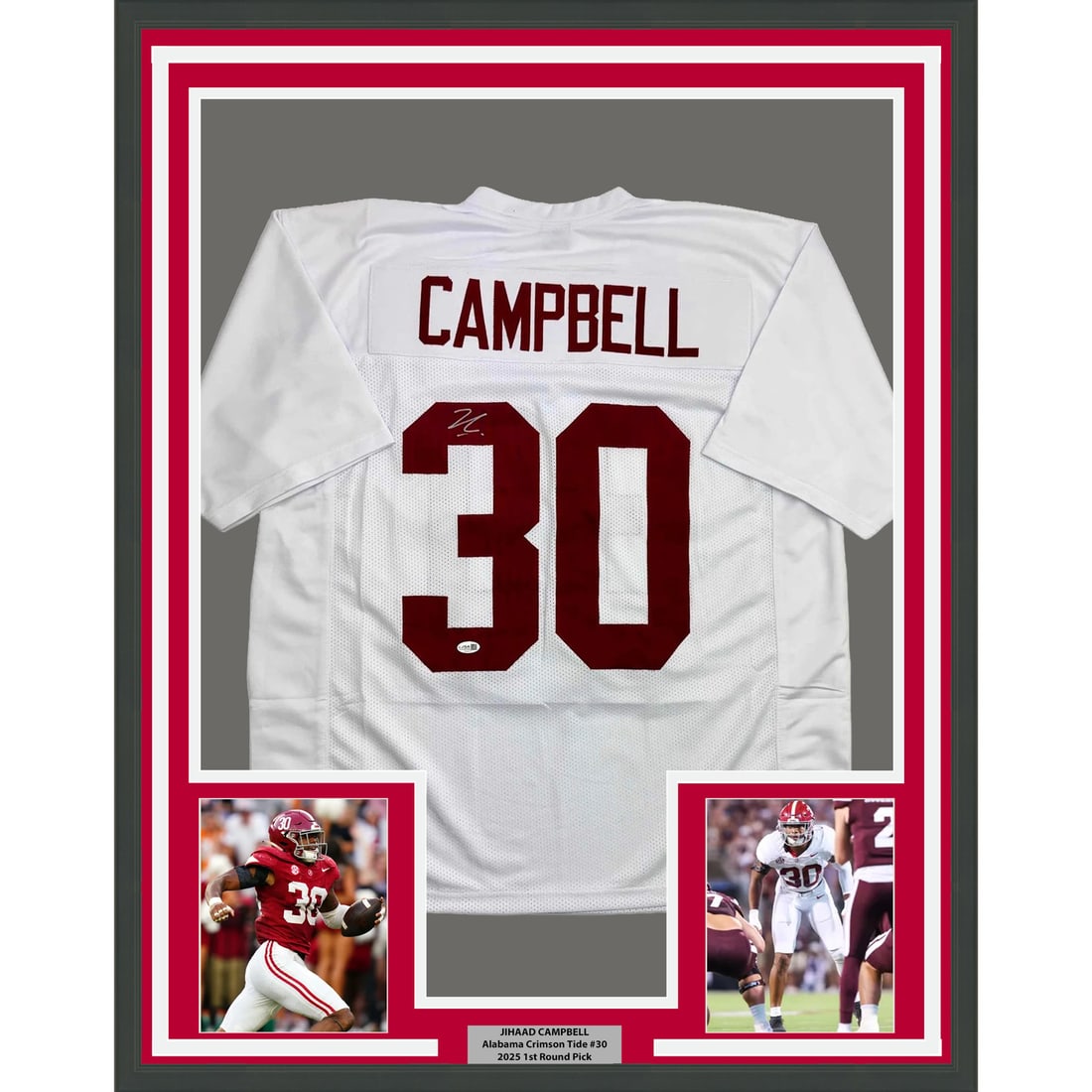 Jihaad Campbell Signed Alabama Jersey 35x39 Framed with JSA COA: Jihaad Campbell Signed Alabama Jersey 35x39 Framed with JSA COA This professionally framed and matted display features a signed Jihaad Campbell Alabama Crimson Tide white jersey. The display includes 