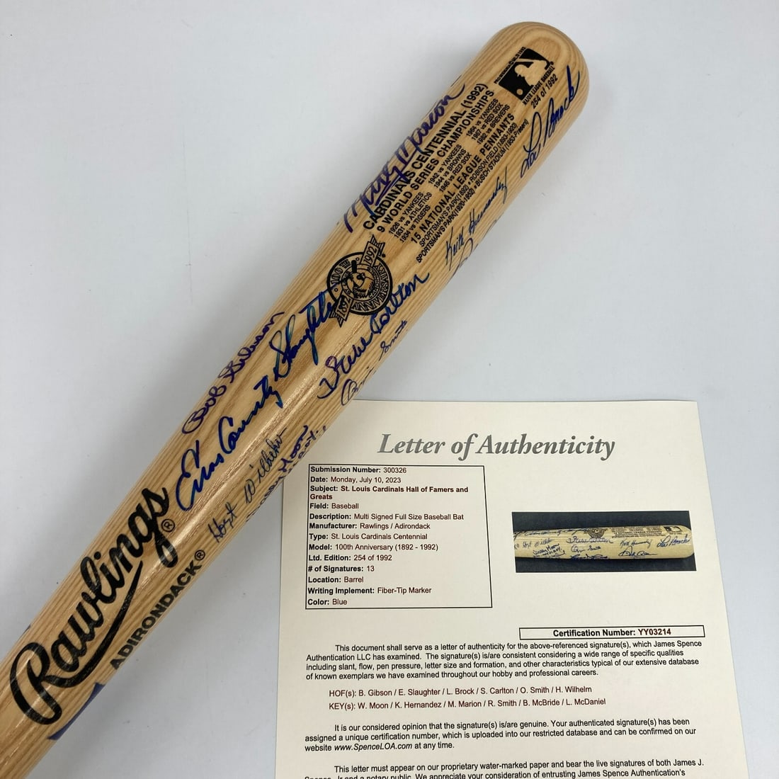 St. Louis Cardinals 1992 Centennial Signed Bat with 13 Legends JSA Authenticated: St. Louis Cardinals 1992 Centennial Signed Bat with 13 Legends JSA Authenticated Celebrate the rich history of baseball with this exquisite St. Louis Cardinals multi-signed limited edition 1992 Centen