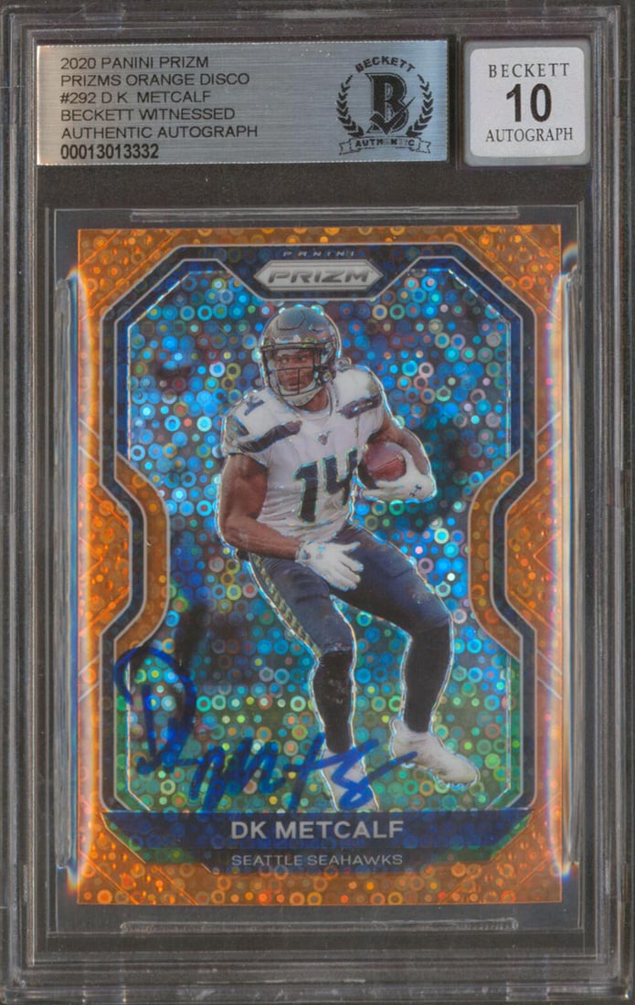 DK Metcalf Signed 2020 Panini Prizm Orange Disco #292 Mint 10 BAS: DK Metcalf Signed 2020 Panini Prizm Orange Disco #292 Mint 10 BAS This is a 2020 Panini Prizm Orange Disco #292 card featuring DK Metcalf of the Seattle Seahawks. The card is graded Mint 10 and has be