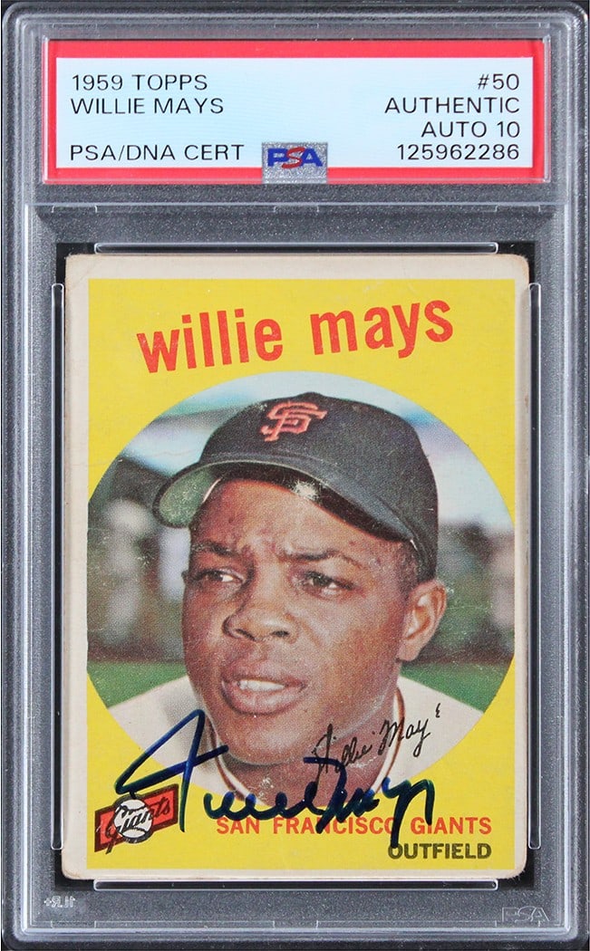 Willie Mays Signed 1959 Topps #50 Card PSA/DNA Gem Mint 10: Willie Mays Signed 1959 Topps #50 Card PSA/DNA Gem Mint 10 This is an authentic signed 1959 Topps #50 baseball card featuring the legendary Willie Mays, graded Gem Mint 10 by PSA. The card showcases M