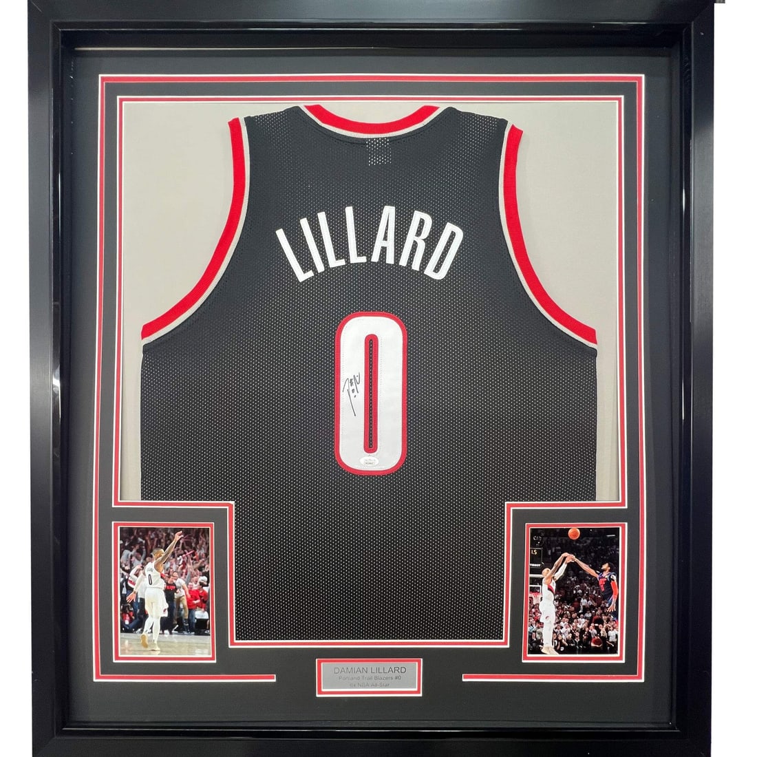 Damian Lillard Framed Signed Portland Trail Blazers Jersey JSA COA 33x42: Damian Lillard Framed Signed Portland Trail Blazers Jersey JSA COA 33x42 This is a professionally framed and matted Damian Lillard Portland Trail Blazers black jersey, autographed by Damian Lillard. T