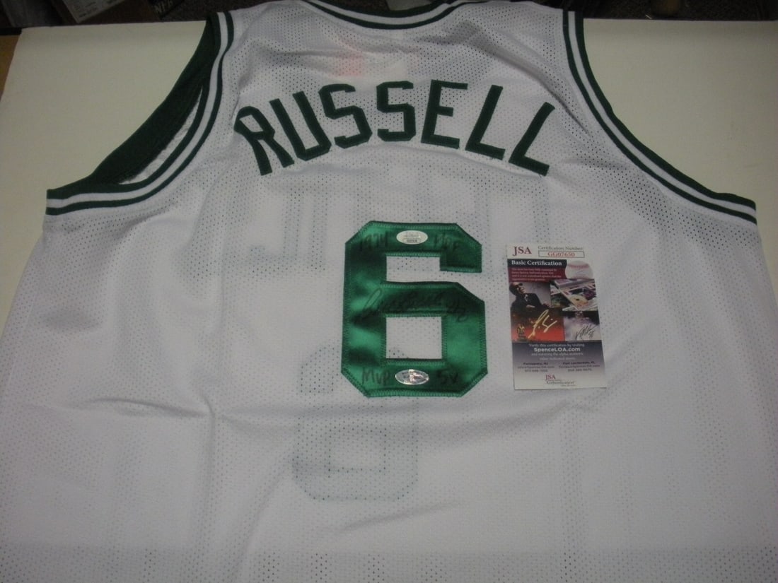 Bill Russell Autographed Boston Celtics Jersey With JSA COA: Bill Russell Autographed Boston Celtics Jersey With JSA COA This is a pre-owned Boston Celtics jersey signed by basketball legend Bill Russell. The jersey is an original item and comes with JSA/COA au