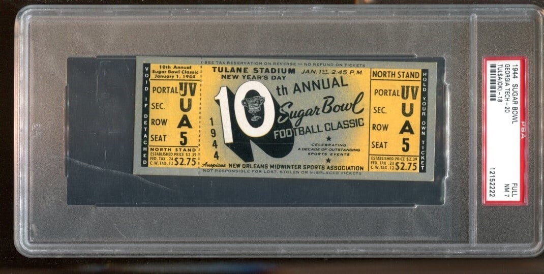 Georgia Tech vs Tulsa 1944 Sugar Bowl Original Full Ticket PSA 7 Pop 1 (1 of 2)