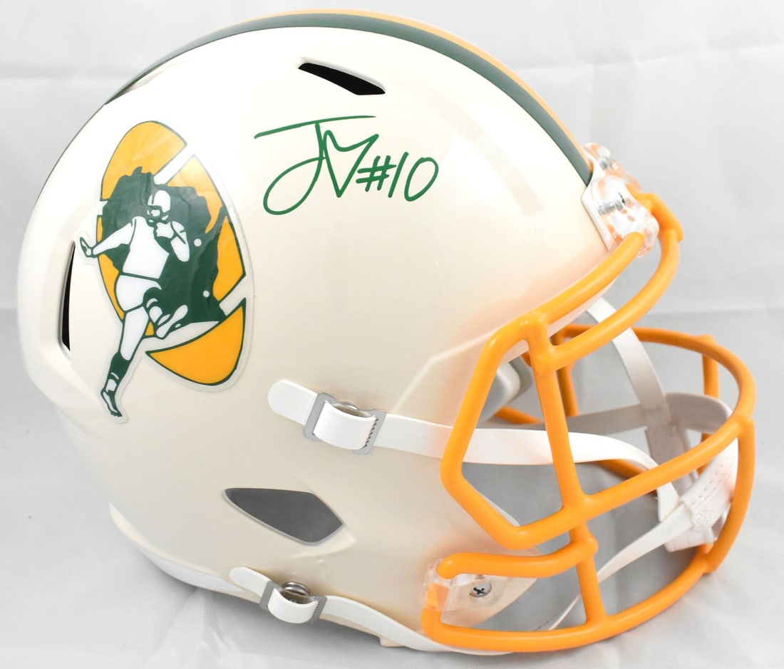 Beckett Holo Jordan Love Signed Packers Full Size Retro Speed Helmet: Beckett Holo Jordan Love Signed Packers Full Size Retro Speed Helmet Autographed Green Bay Packers F/S Retro Speed helmet associated with Jordan Love. The item is pre-owned and includes a Beckett witn