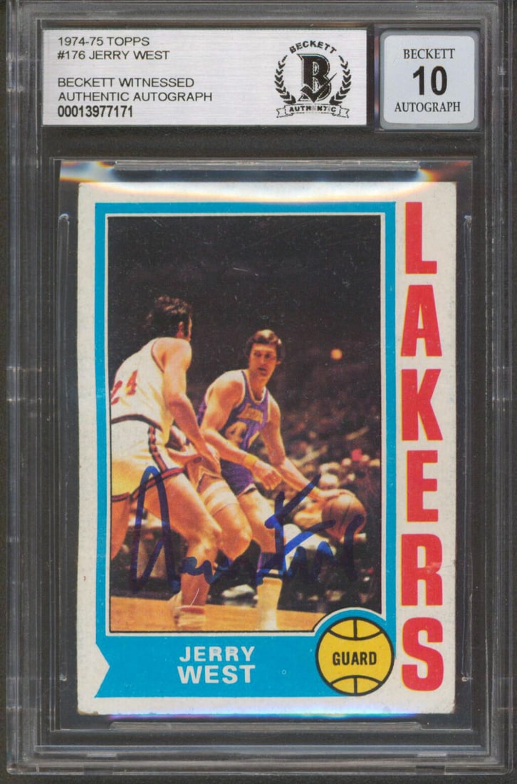 Jerry West Signed 1974 Topps #176 Lakers Card Beckett Auto 10 Slabbed (1 of 2)