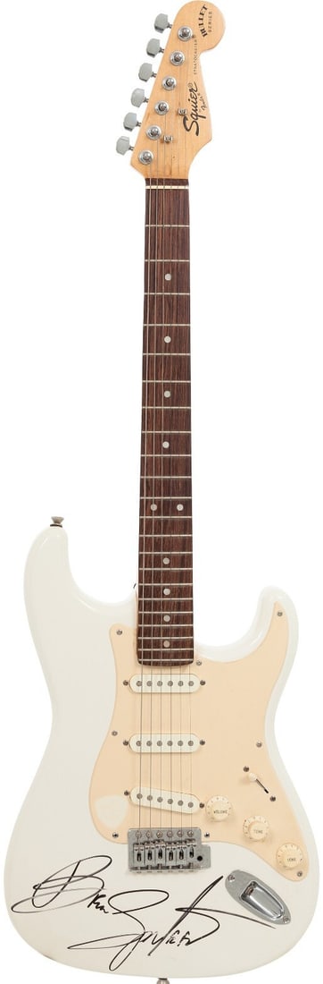 Bruce Springsteen Signed 1996-97 Fender Squire Stratocaster Guitar PSA/DNA Authenticated: Bruce Springsteen Signed 1996-97 Fender Squire Stratocaster Guitar PSA/DNA Authenticated This is a stunning Fender Squier Stratocaster guitar, signed by the legendary Bruce Springsteen. The autographe
